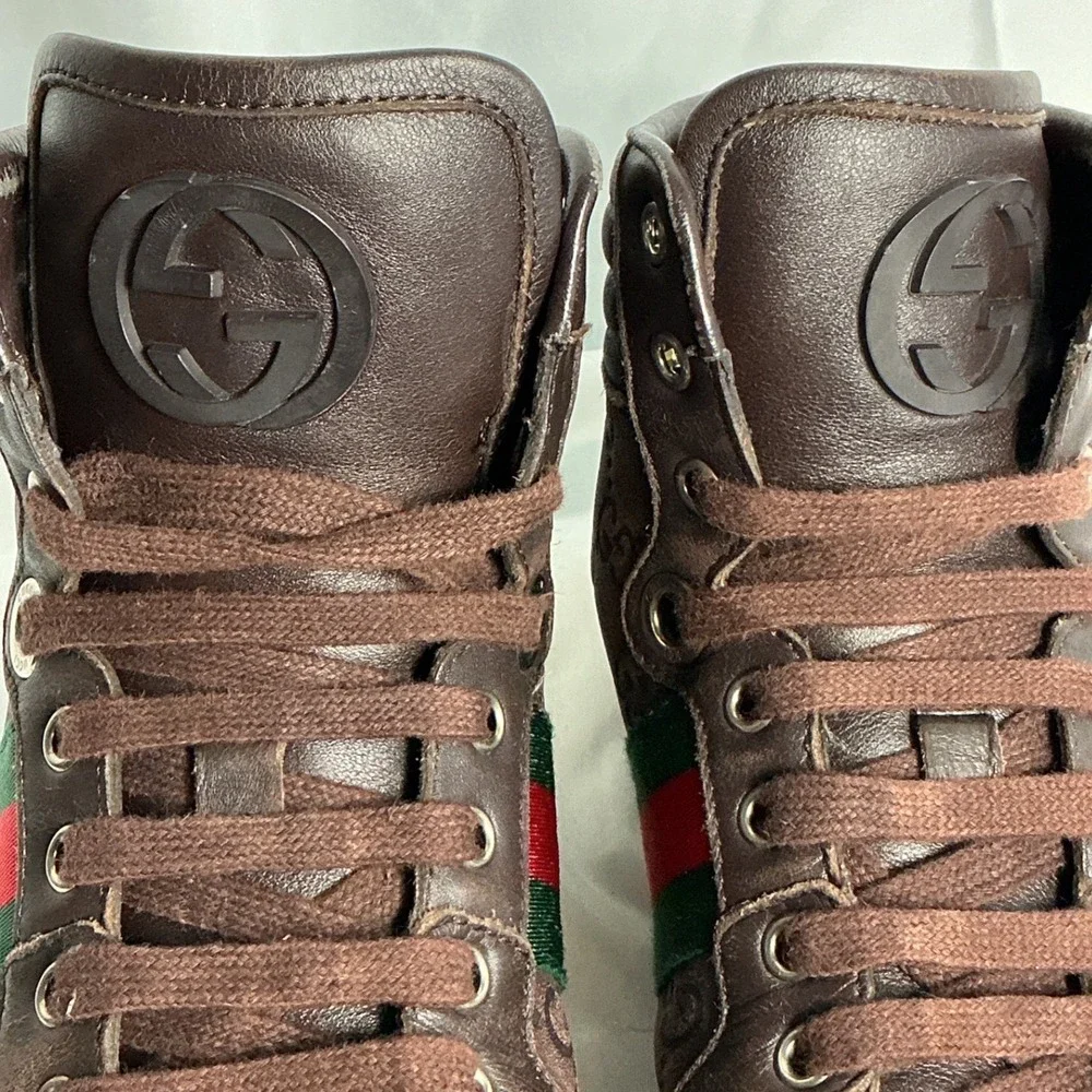 Gucci Brown GG Supreme Monogram Web Stripe High Top Sneakers 221825 Size 4.5G